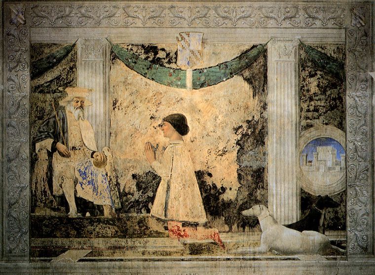 Piero della Francesca, Sigismondo Pandolfo Malatesta in preghiera davanti a San Sigismondo, 1451, affresco, 57×345 cm, Tempio Malatestiano, Rimin