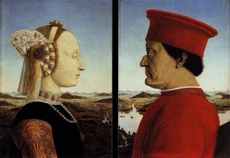 Piero della Francesca, Doppio ritratto dei Duchi di Urbino, 1465-1472 circa, olio su tavola, 47×33 cm ciascun pannello, Uffizi, Firenze